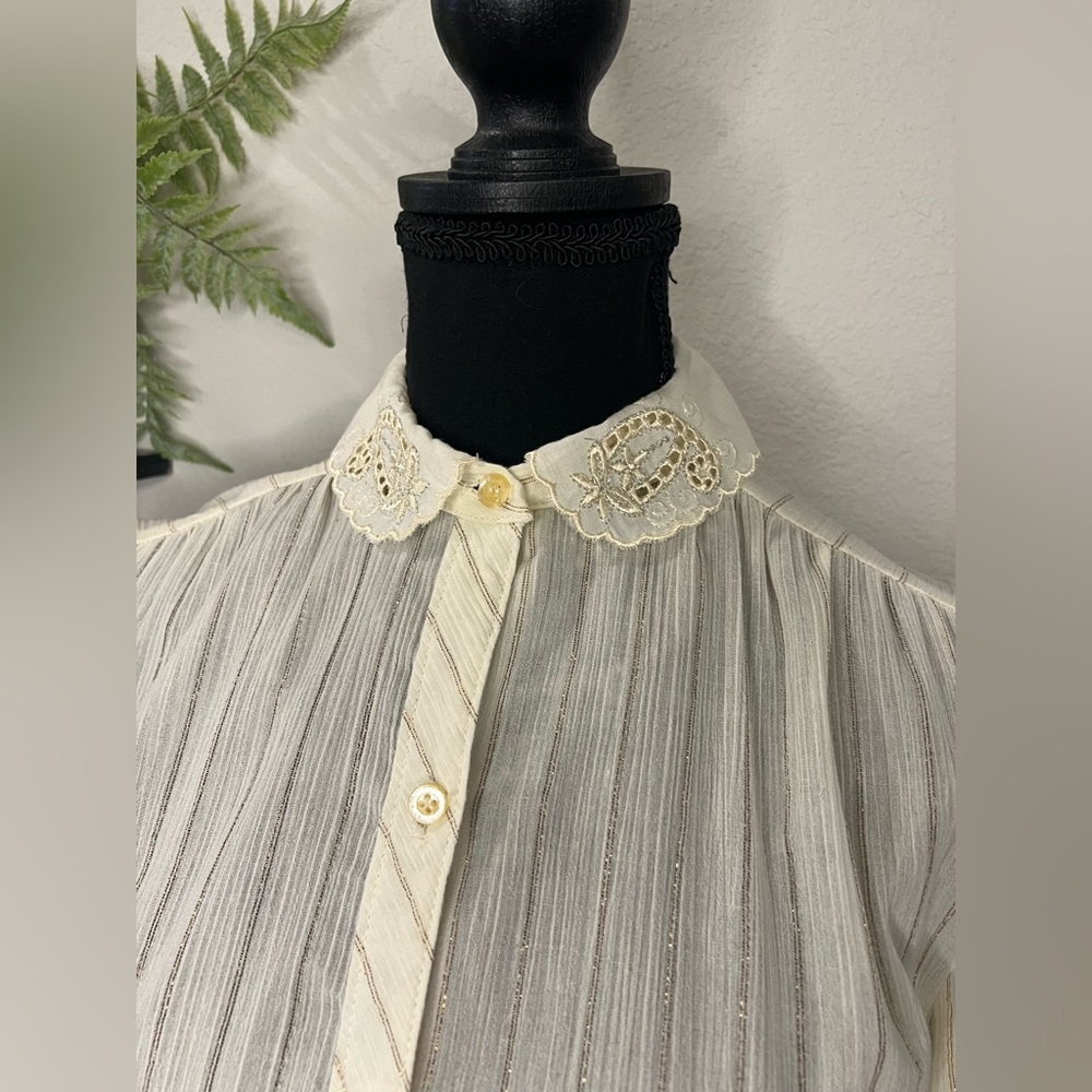 George Yazbek‎ for Gordon Peters Cream Button Up Eyelet Embroidery Collar Blouse - Picture 5 of 15